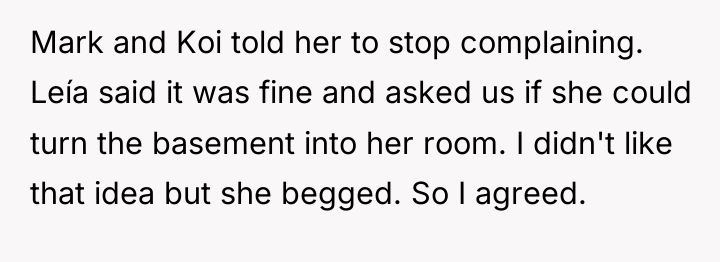 Mark and Koi told her to stop complaining. Leía said...