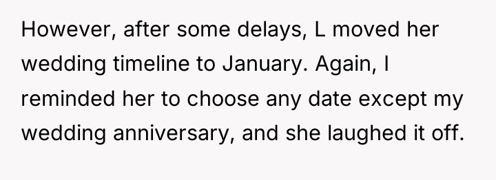 However, after some delays, L moved her wedding timeline to...