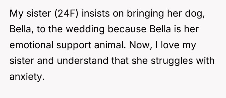 My sister (24F) insists on bringing her dog, Bella, to...