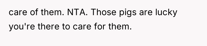 care of them. NTA. Those pigs are lucky you're there...