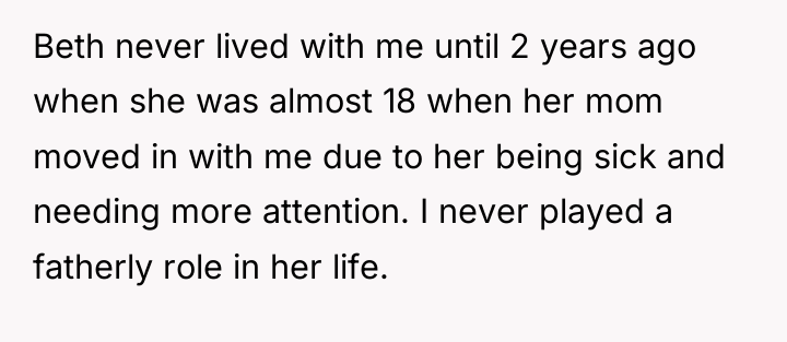 Beth never lived with me until 2 years ago when...