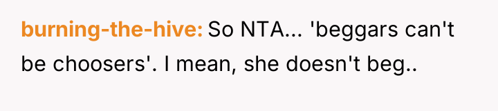 burning-the-hive So NTA... 'beggars can't be choosers'. I mean, she...