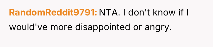 RandomReddit9791 NTA. I don't know if I would've more disappointed...