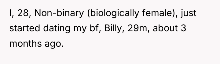 I, 28, Non-binary (biologically female), just started dating my bf,...