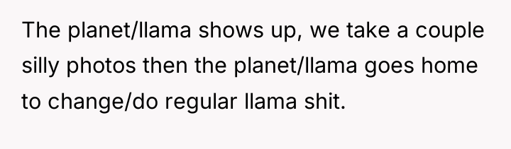 The planet/llama shows up, we take a couple silly photos...