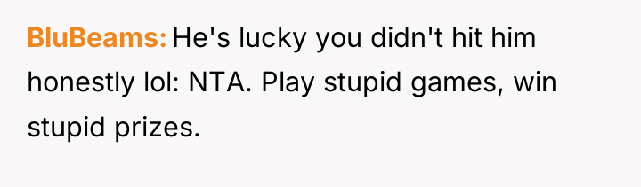 BluBeams He's lucky you didn't hit him honestly lol: NTA....