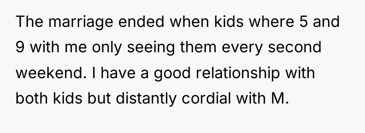 The marriage ended when kids where 5 and 9 with...