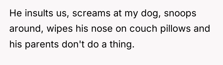 He insults us, screams at my dog, snoops around, wipes...