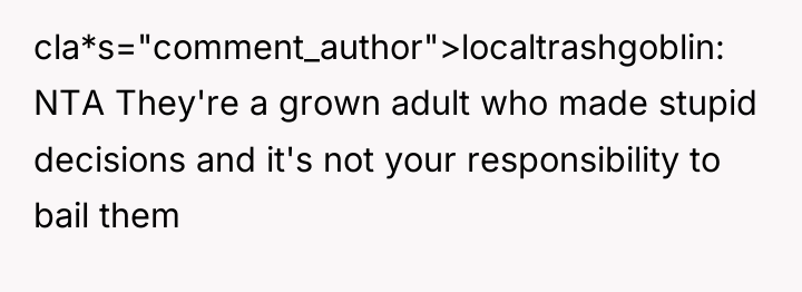 cla*s="comment_author">localtrashgoblin: NTA They're a grown adult who made stupid decisions...