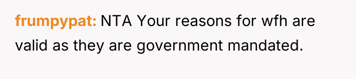 frumpypat NTA Your reasons for wfh are valid as they...