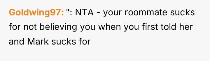 Goldwing97 ": NTA - your roommate sucks for not believing...