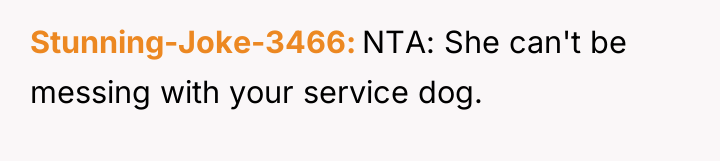 Stunning-Joke-3466 NTA: She can't be messing with your service dog.