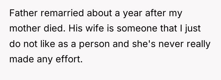 Father remarried about a year after my mother died. His...