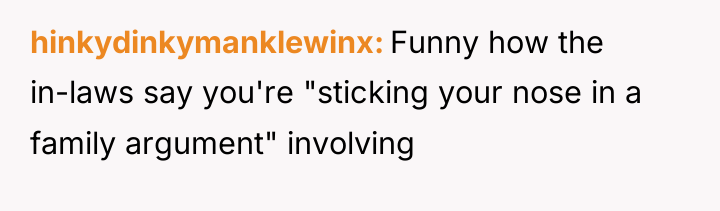 hinkydinkymanklewinx Funny how the in-laws say you're "sticking your nose...