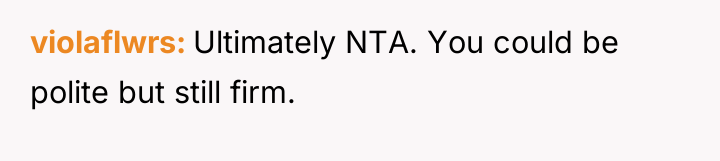 violaflwrs Ultimately NTA. You could be polite but still firm.