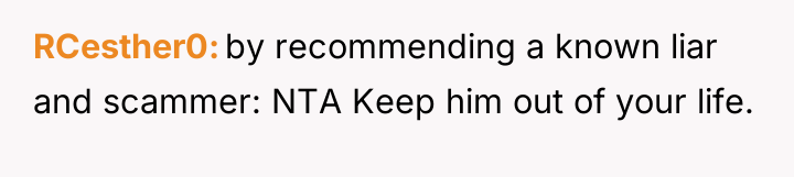 RCesther0 by recommending a known liar and scammer: NTA Keep...