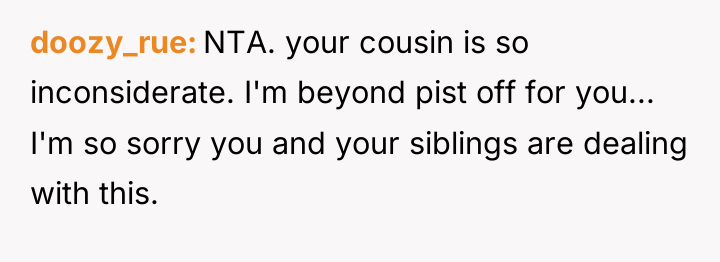 doozy_rue NTA. your cousin is so inconsiderate. I'm beyond pist...