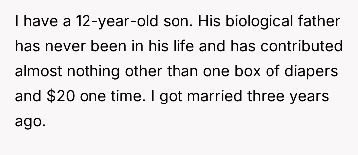 I have a 12-year-old son. His biological father has never...