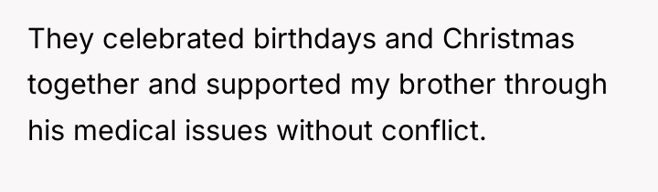 They celebrated birthdays and Christmas together and supported my brother...