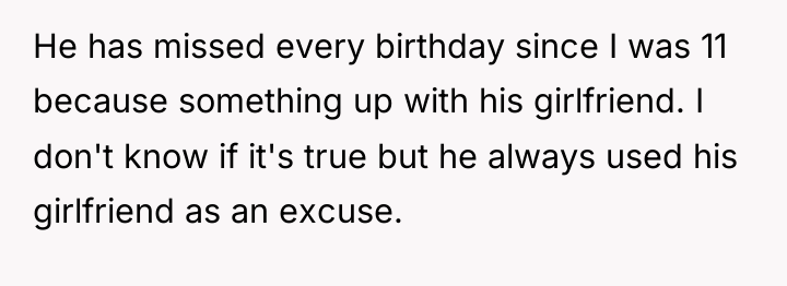 He has missed every birthday since I was 11 because...