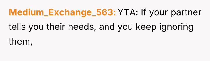 Medium_Exchange_563 YTA: If your partner tells you their needs, and...
