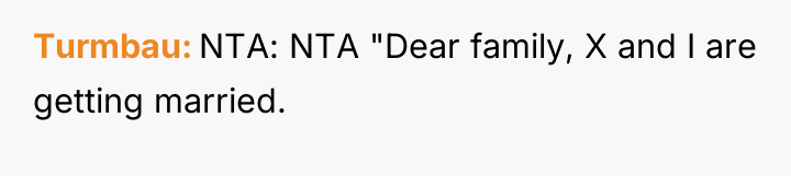 Turmbau NTA: NTA "Dear family, X and I are getting...